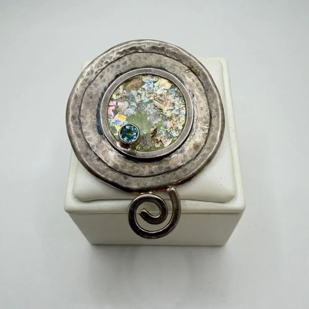 Amazing, Israel made sterling silver Roman Glass, Blue Topaz Pin/Brooch/Pendant!